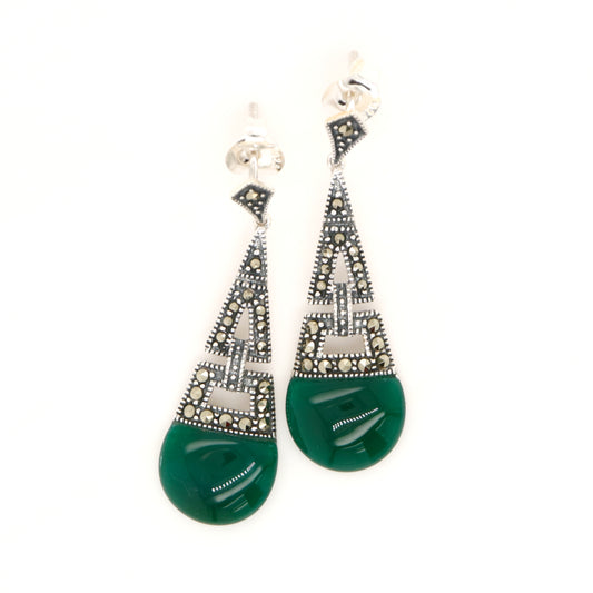 Art deco dangle earrings with green agate and marcasite in sterling silver