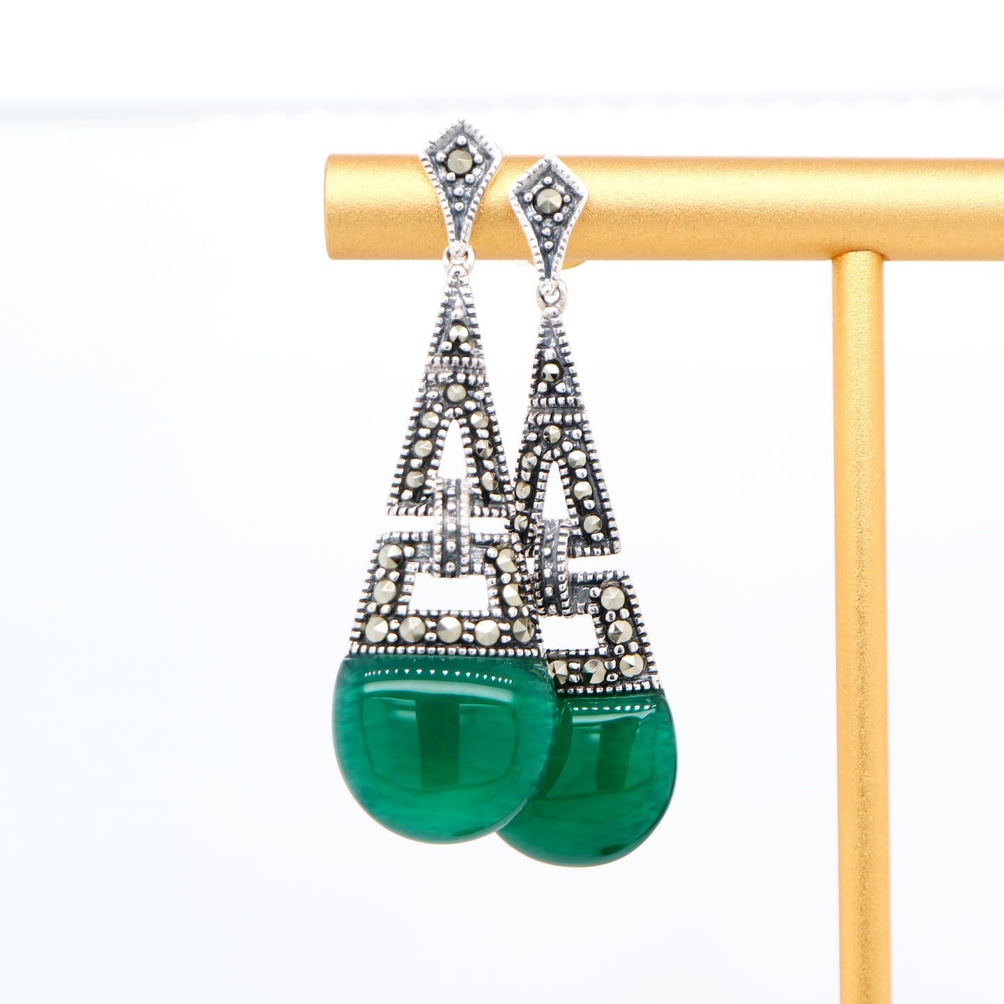 Art deco dangle earrings with green agate and marcasite in sterling silver