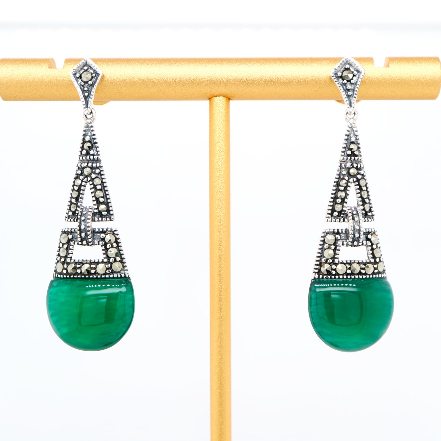Art deco dangle earrings with green agate and marcasite in sterling silver