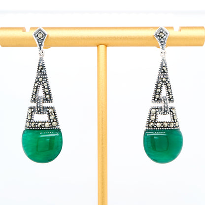 Art deco dangle earrings with green agate and marcasite in sterling silver