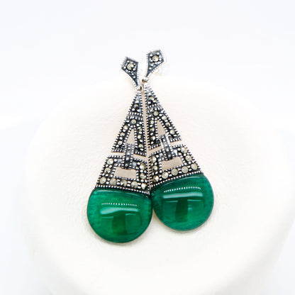 Art deco dangle earrings with green agate and marcasite in sterling silver
