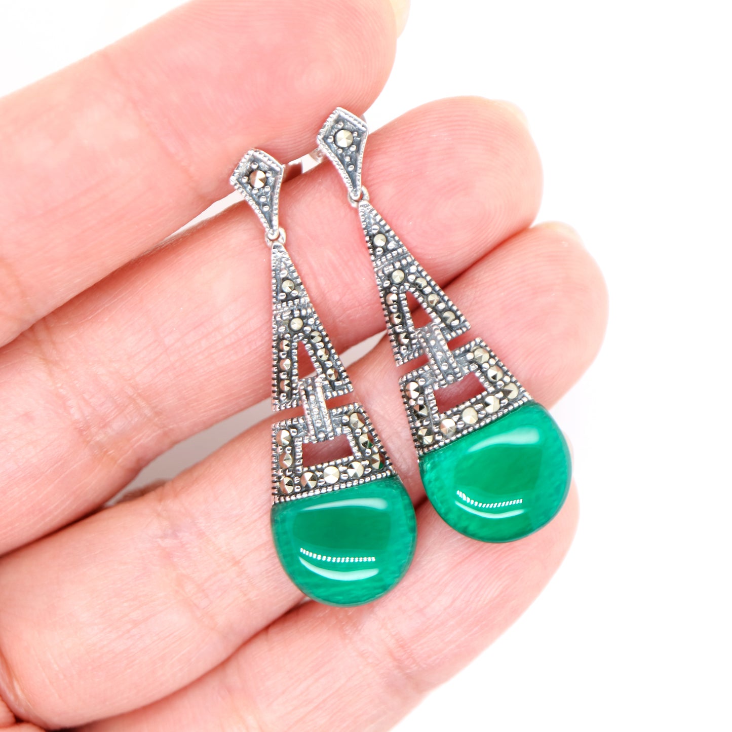 Art deco dangle earrings with green agate and marcasite in sterling silver