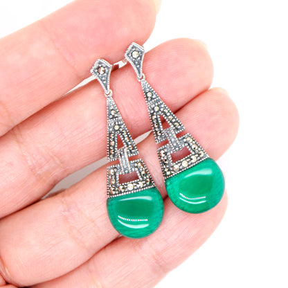 Art deco dangle earrings with green agate and marcasite in sterling silver