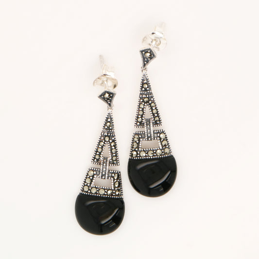 Art deco dangle earrings with onyx and marcasite in sterling silver