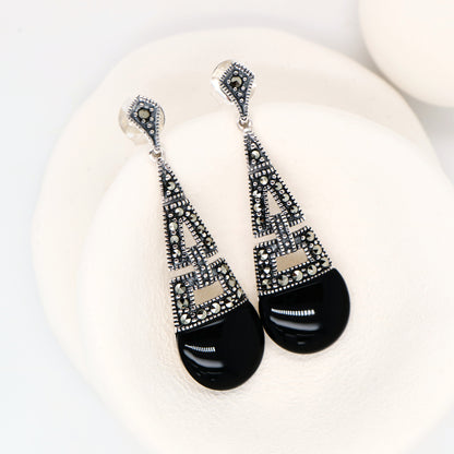 Art deco dangle earrings with onyx and marcasite in sterling silver