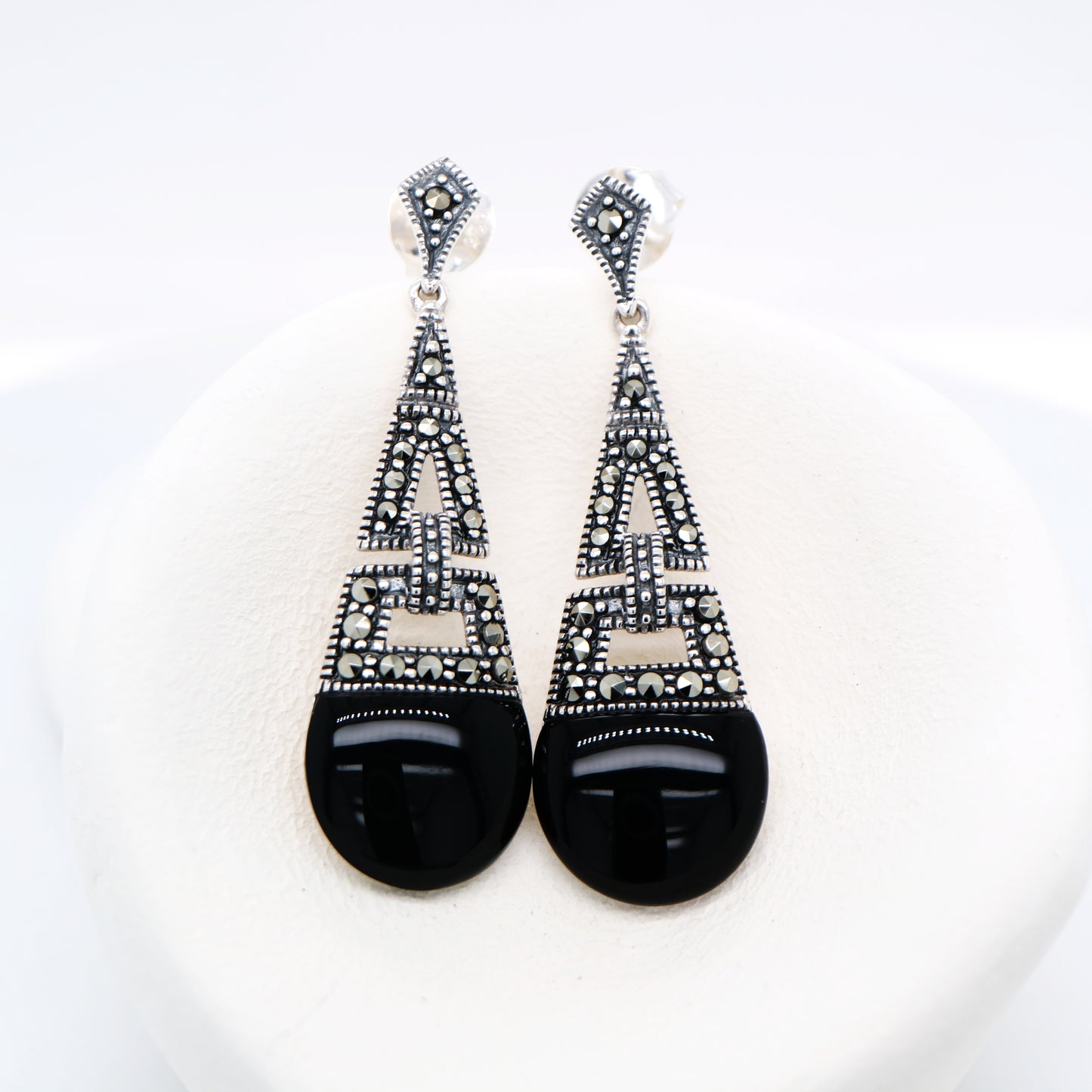 Art deco dangle earrings with onyx and marcasite in sterling silver