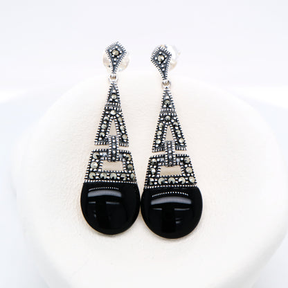 Art deco dangle earrings with onyx and marcasite in sterling silver