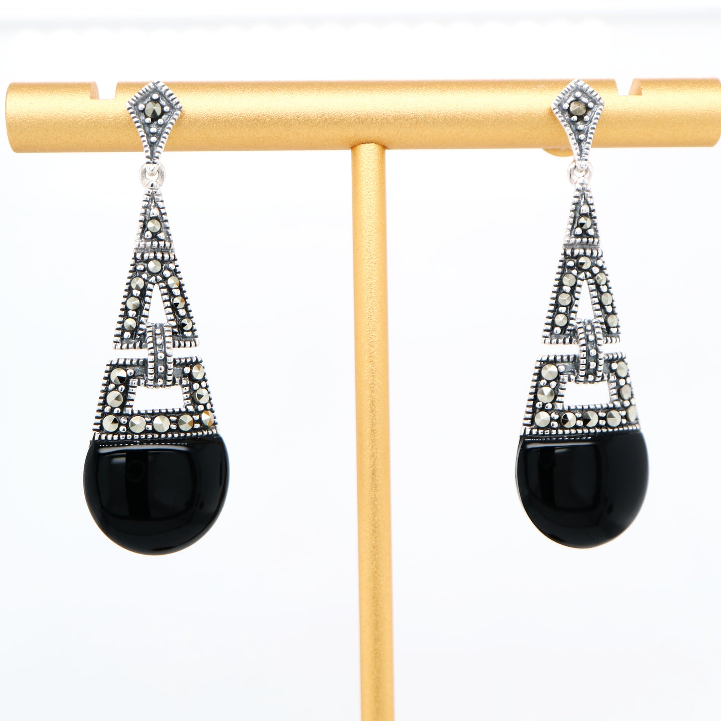 Art deco dangle earrings with onyx and marcasite in sterling silver
