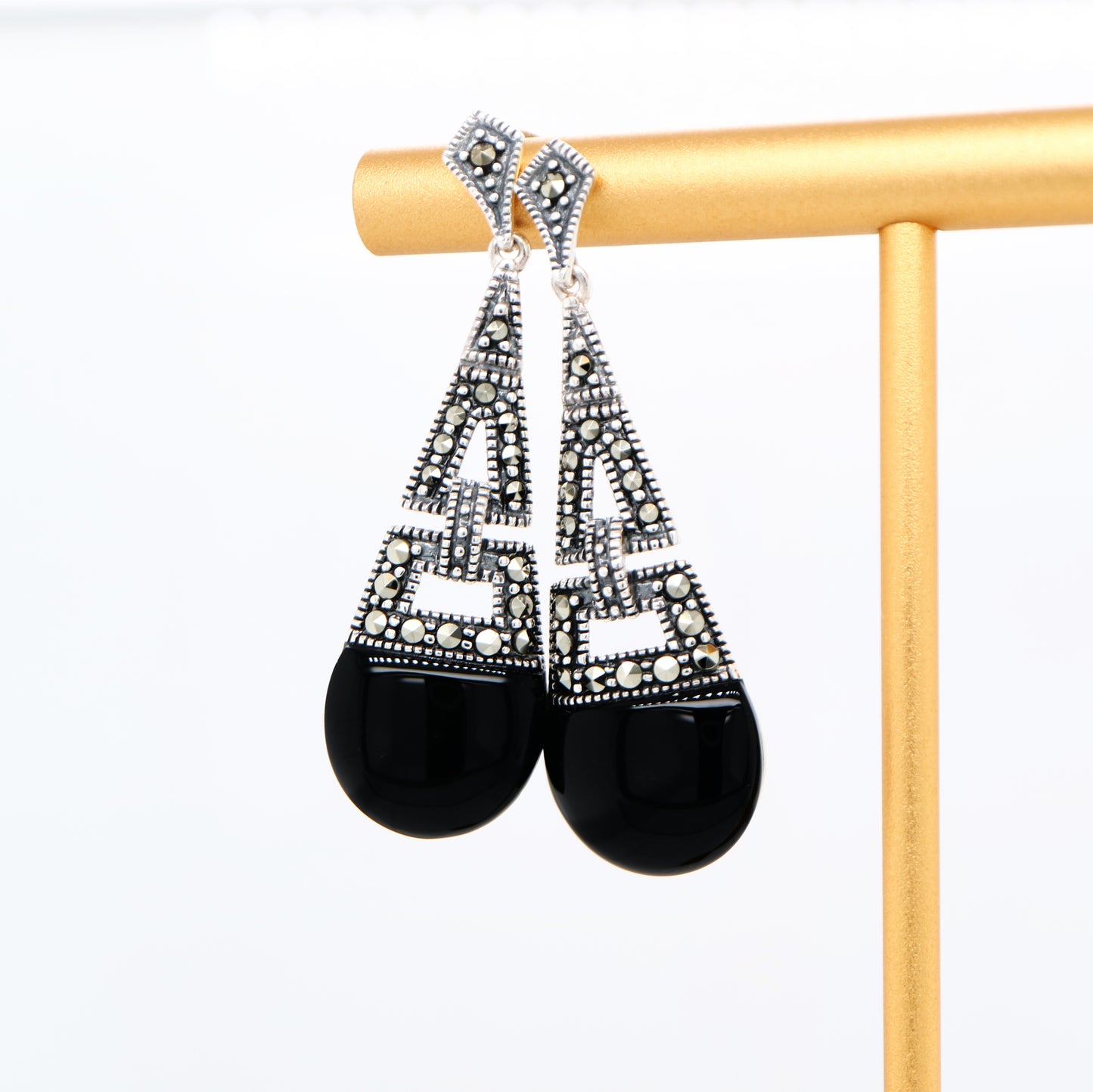 Art deco dangle earrings with onyx and marcasite in sterling silver