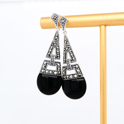 Art deco dangle earrings with onyx and marcasite in sterling silver