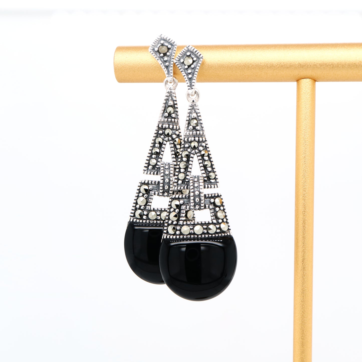 Art deco dangle earrings with onyx and marcasite in sterling silver