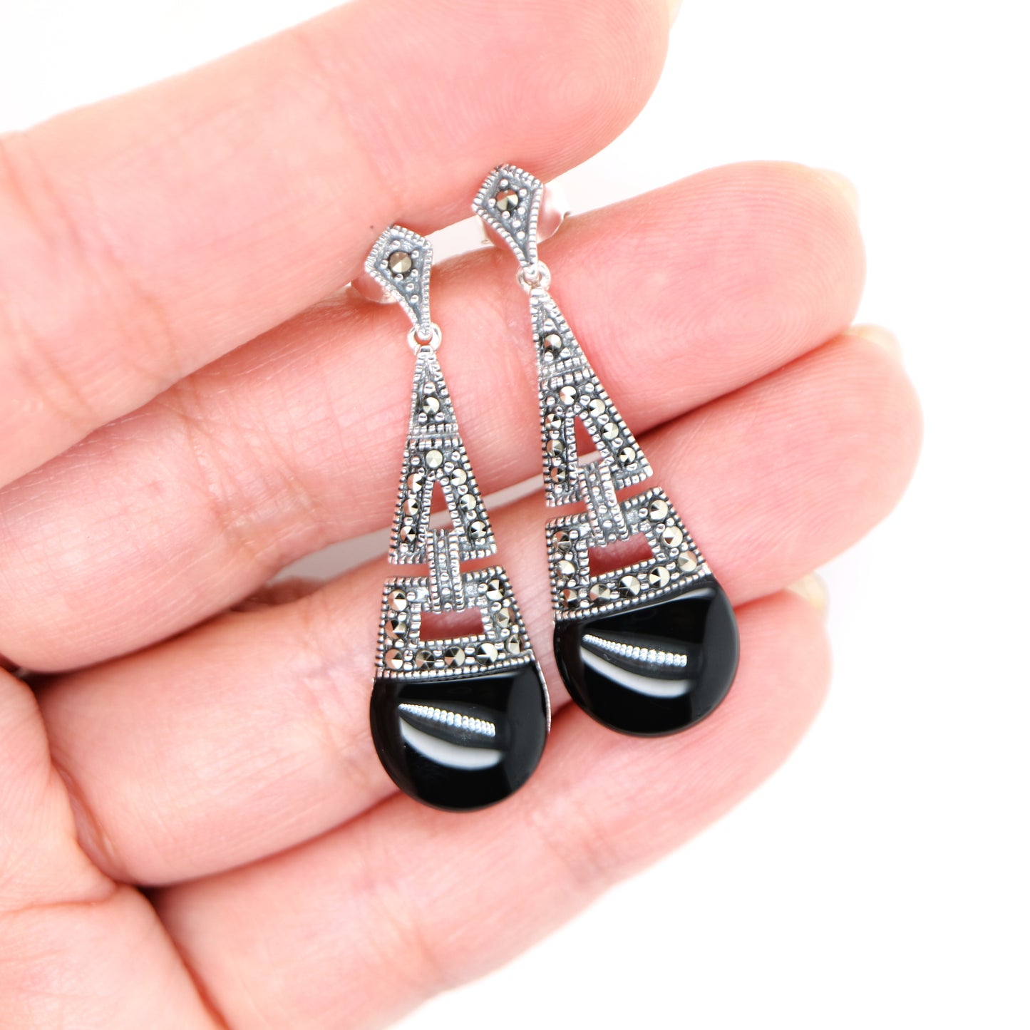 Art deco dangle earrings with onyx and marcasite in sterling silver