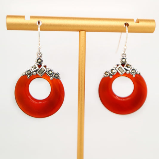 Art deco carnellian loop earrings with marcasite in sterling silver