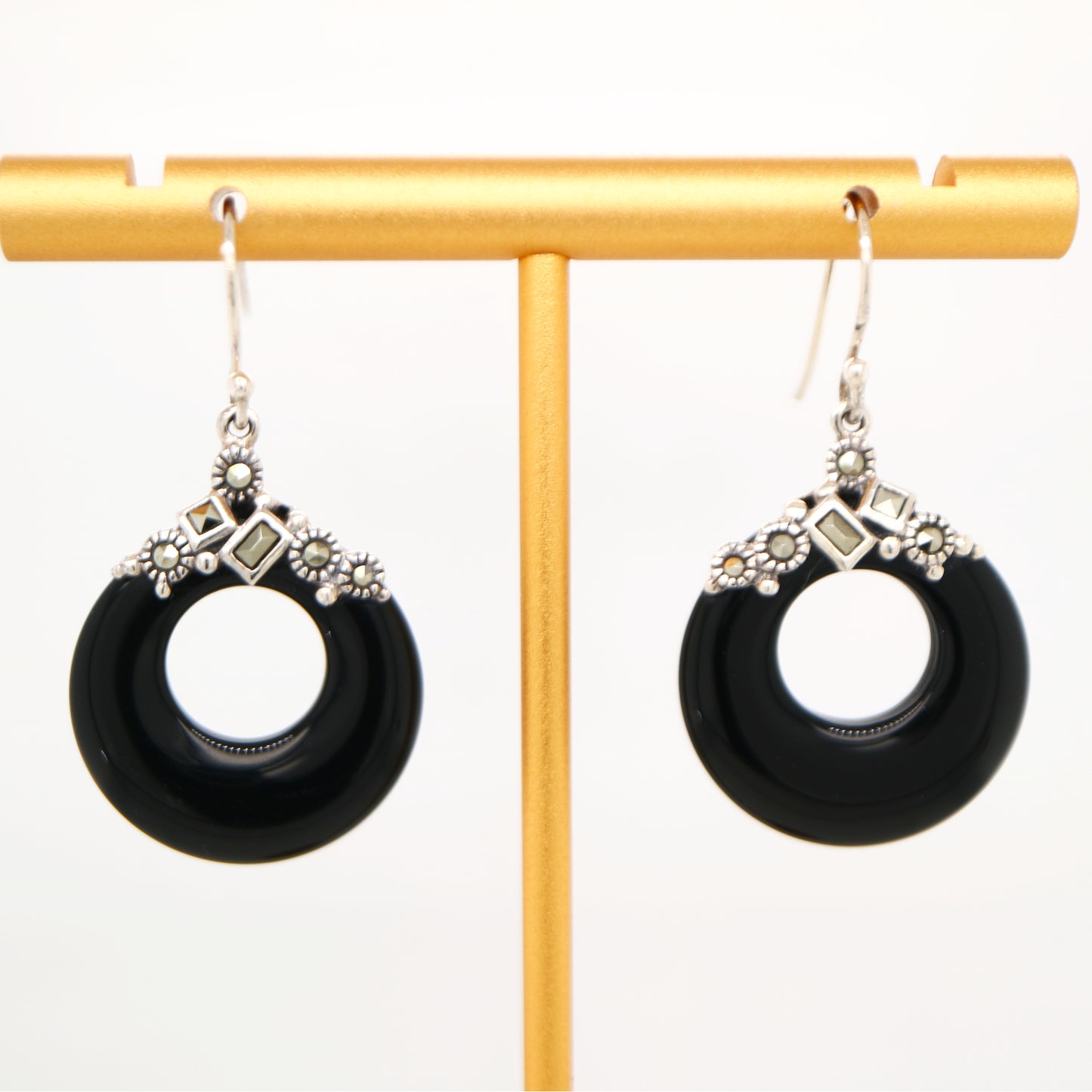 Art deco onyx loop earrings with marcasite in sterling silver