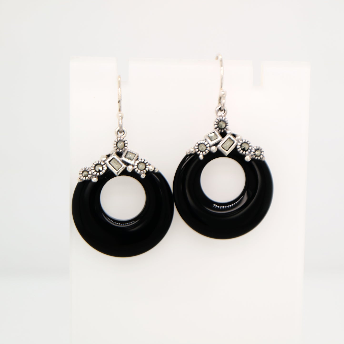 Art deco onyx loop earrings with marcasite in sterling silver