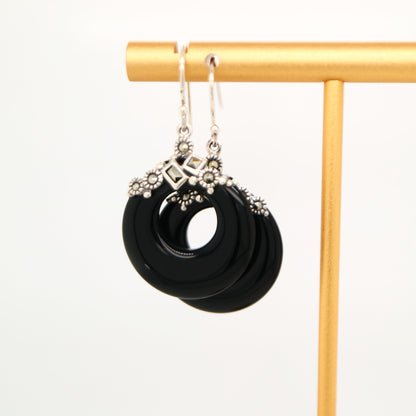 Art deco onyx loop earrings with marcasite in sterling silver