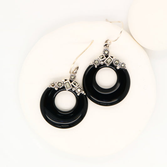 Art deco onyx loop earrings with marcasite in sterling silver