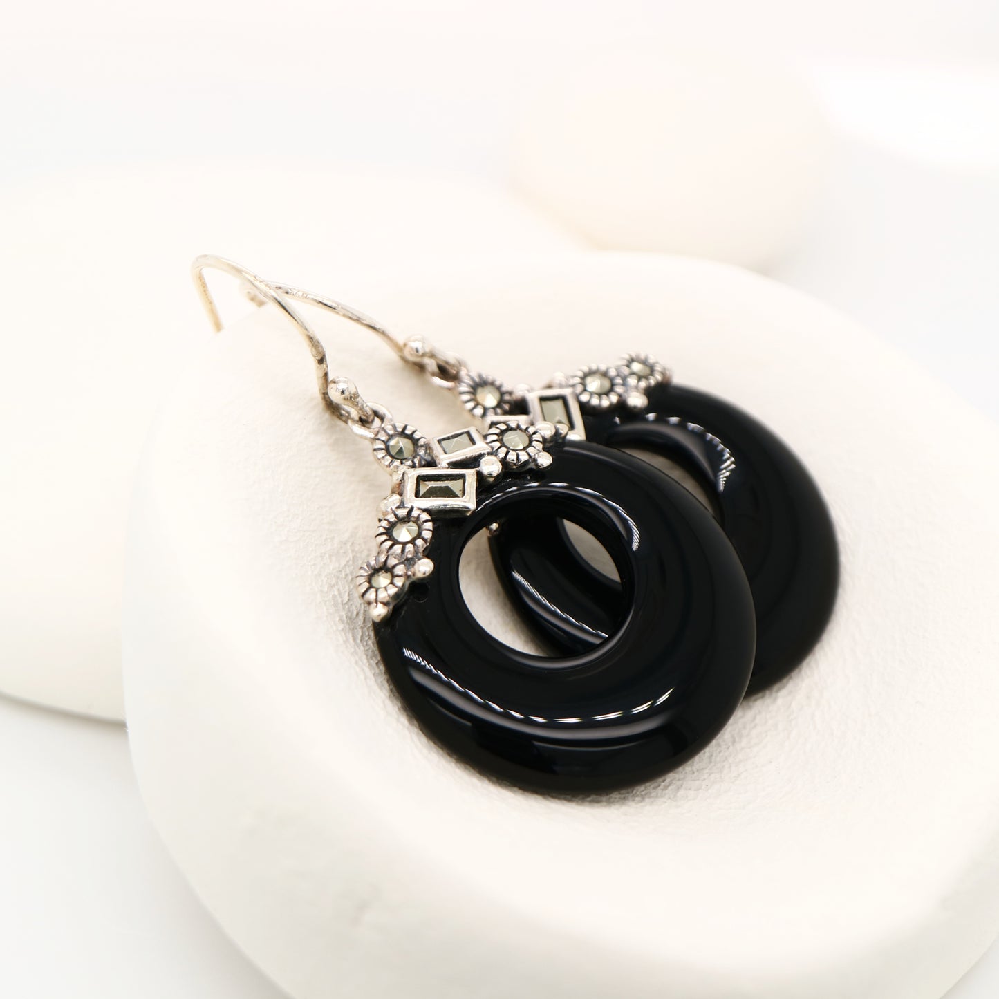 Art deco onyx loop earrings with marcasite in sterling silver