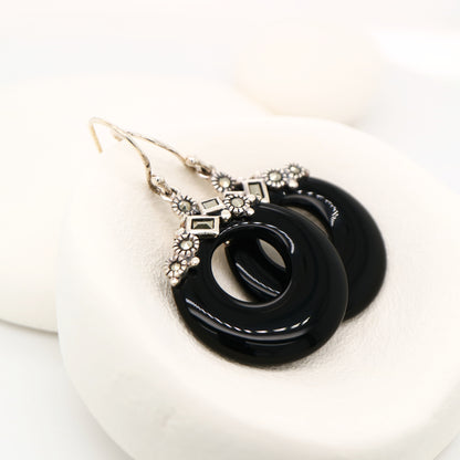 Art deco onyx loop earrings with marcasite in sterling silver