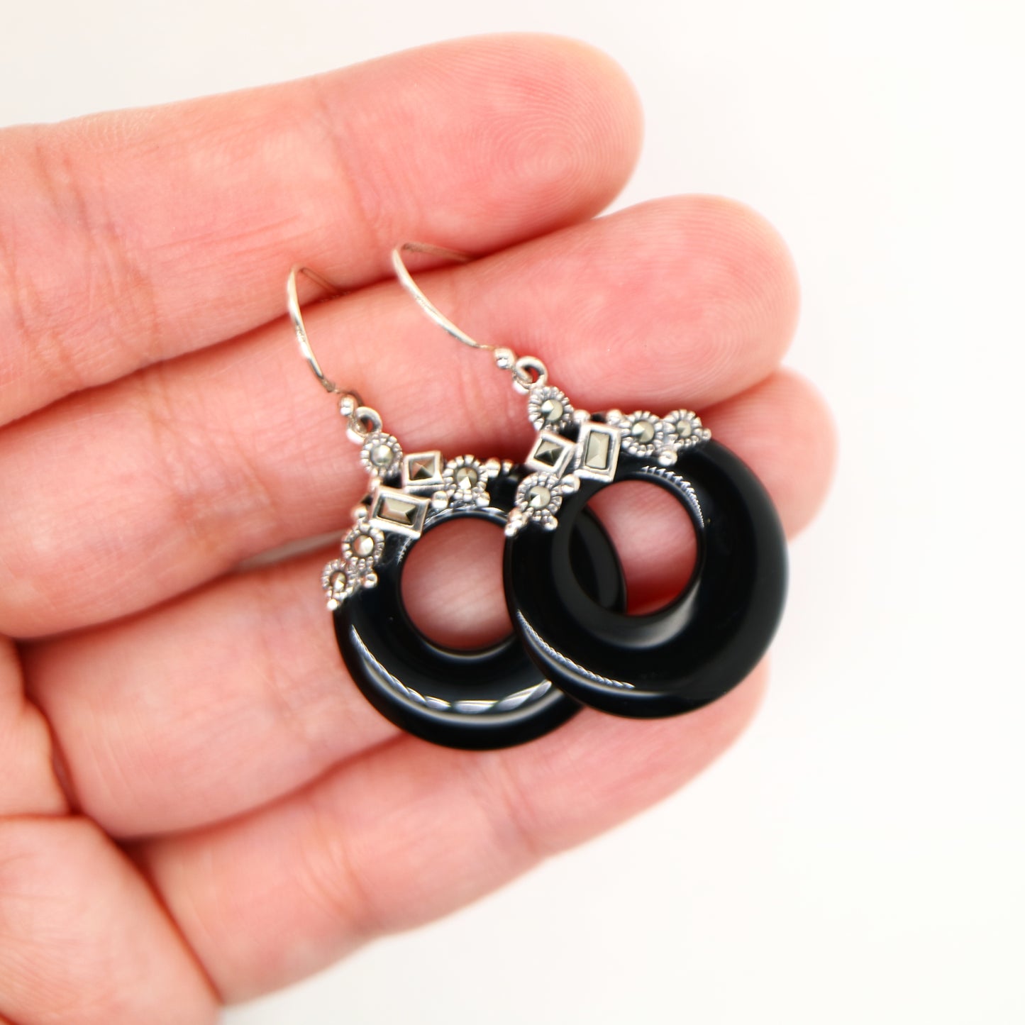 Art deco onyx loop earrings with marcasite in sterling silver