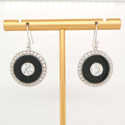 Art deco drop earrings with cz and onyx in sterling silver