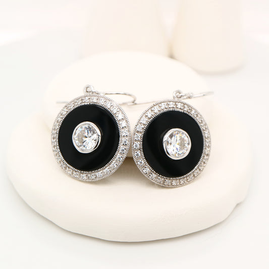 Art deco drop earrings with cz and onyx in sterling silver