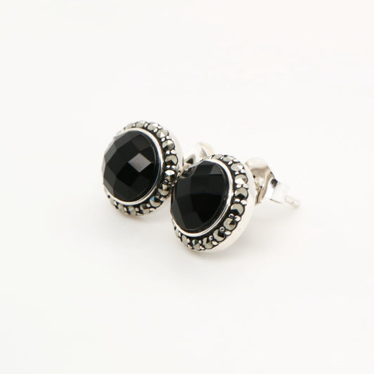 Stud earrings with Checkerboard  cut black onyx, marcasite in sterling silver
