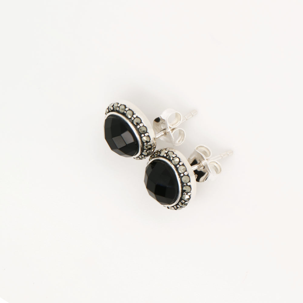 Stud earrings with Checkerboard  cut black onyx, marcasite in sterling silver