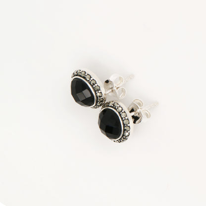 Stud earrings with Checkerboard  cut black onyx, marcasite in sterling silver