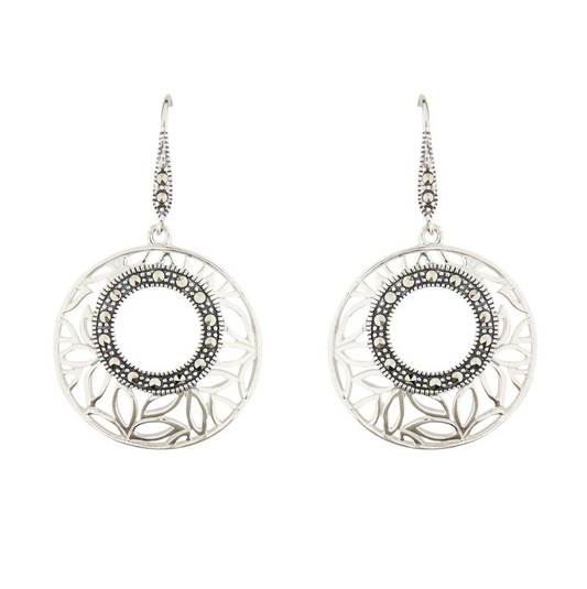 Art deco round drop earrings in marcasite in sterling silver