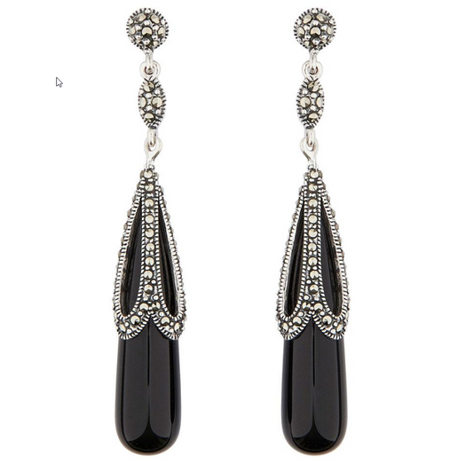 Art deco onyx drop earrings with marcasite in sterling silver