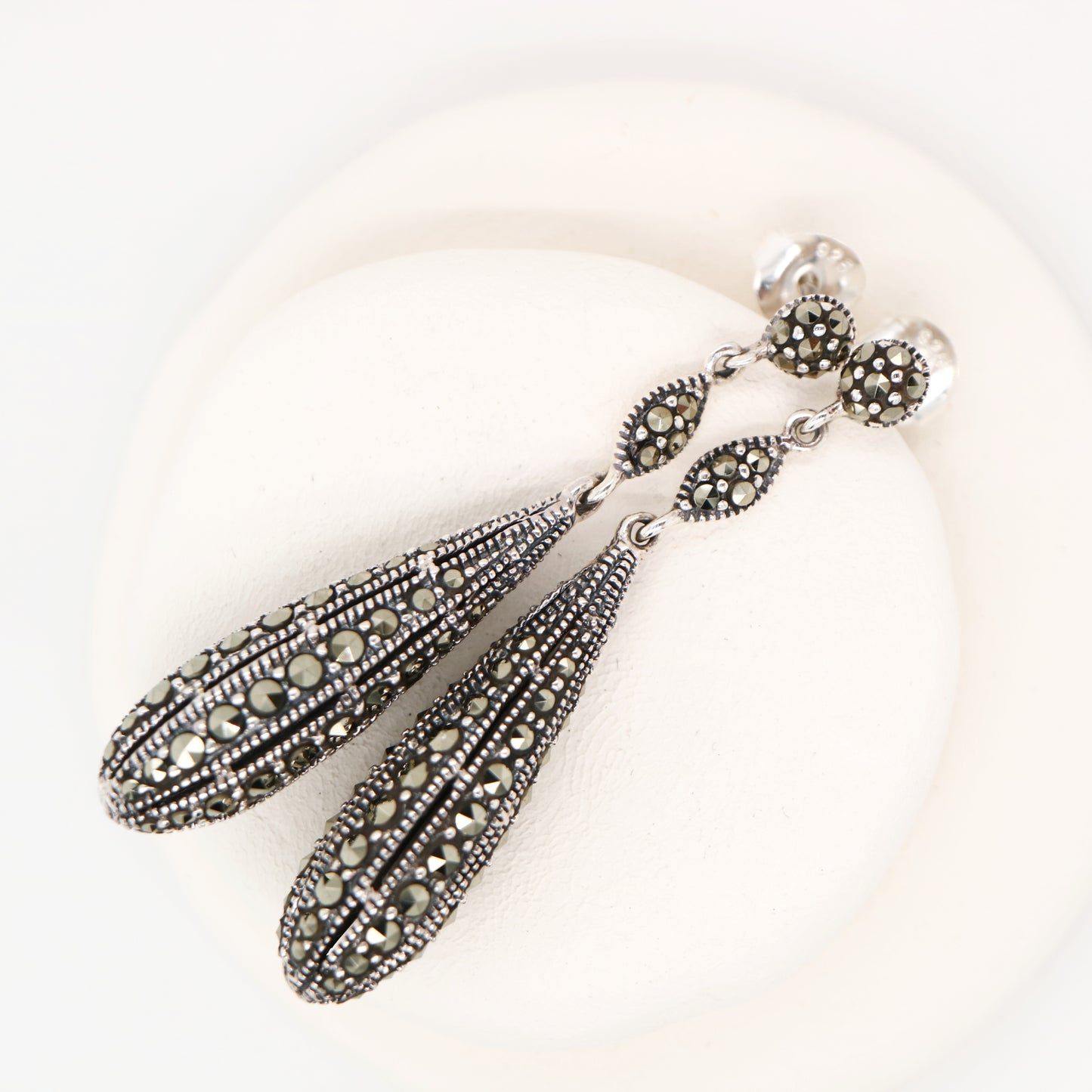 Art deco marcasite drop earrings in sterling silver