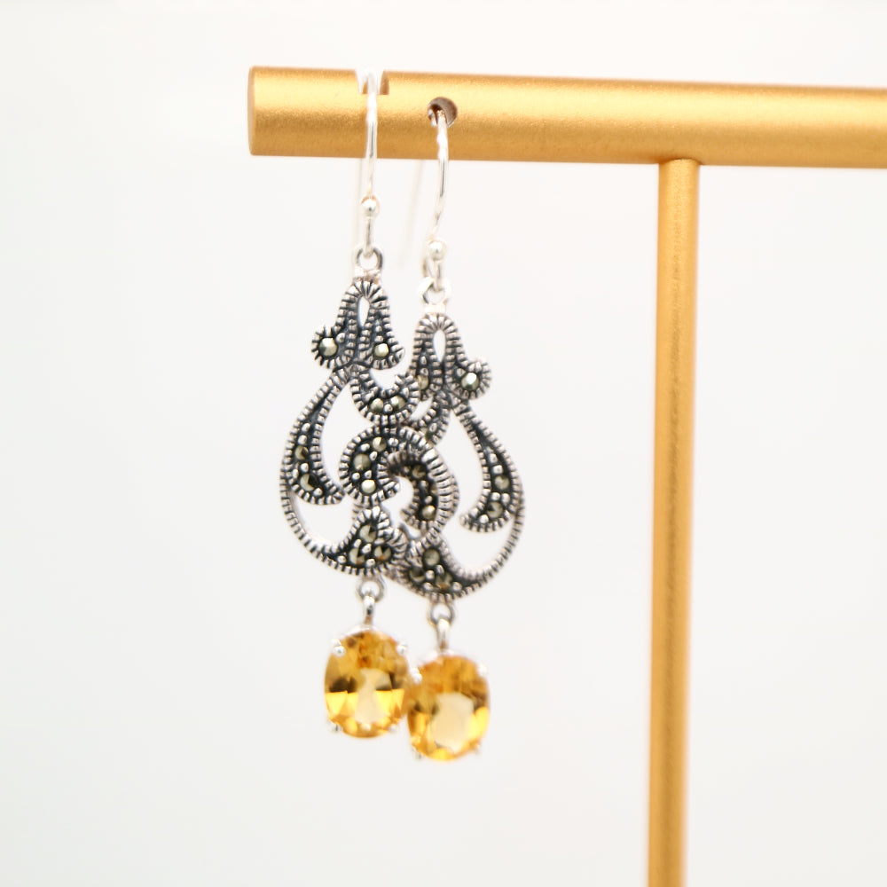 vintage vine drop earrings with citrine and marcasite in sterling silver