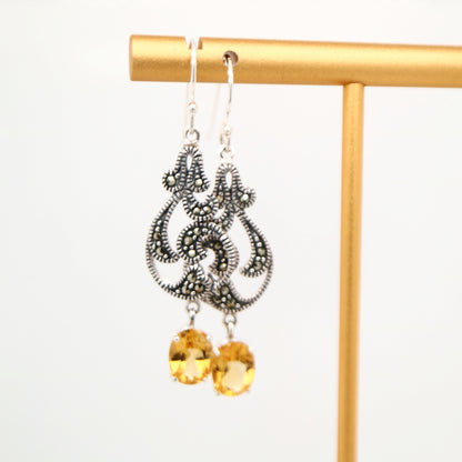 vintage vine drop earrings with citrine and marcasite in sterling silver