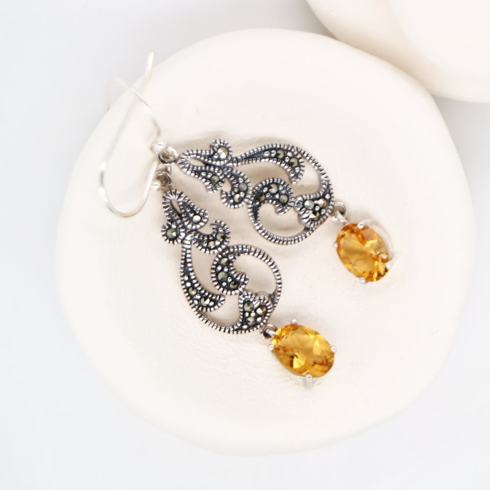 vintage vine drop earrings with citrine and marcasite in sterling silver