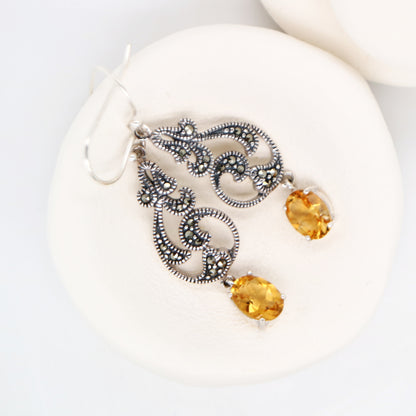 vintage vine drop earrings with citrine and marcasite in sterling silver