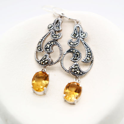 vintage vine drop earrings with citrine and marcasite in sterling silver