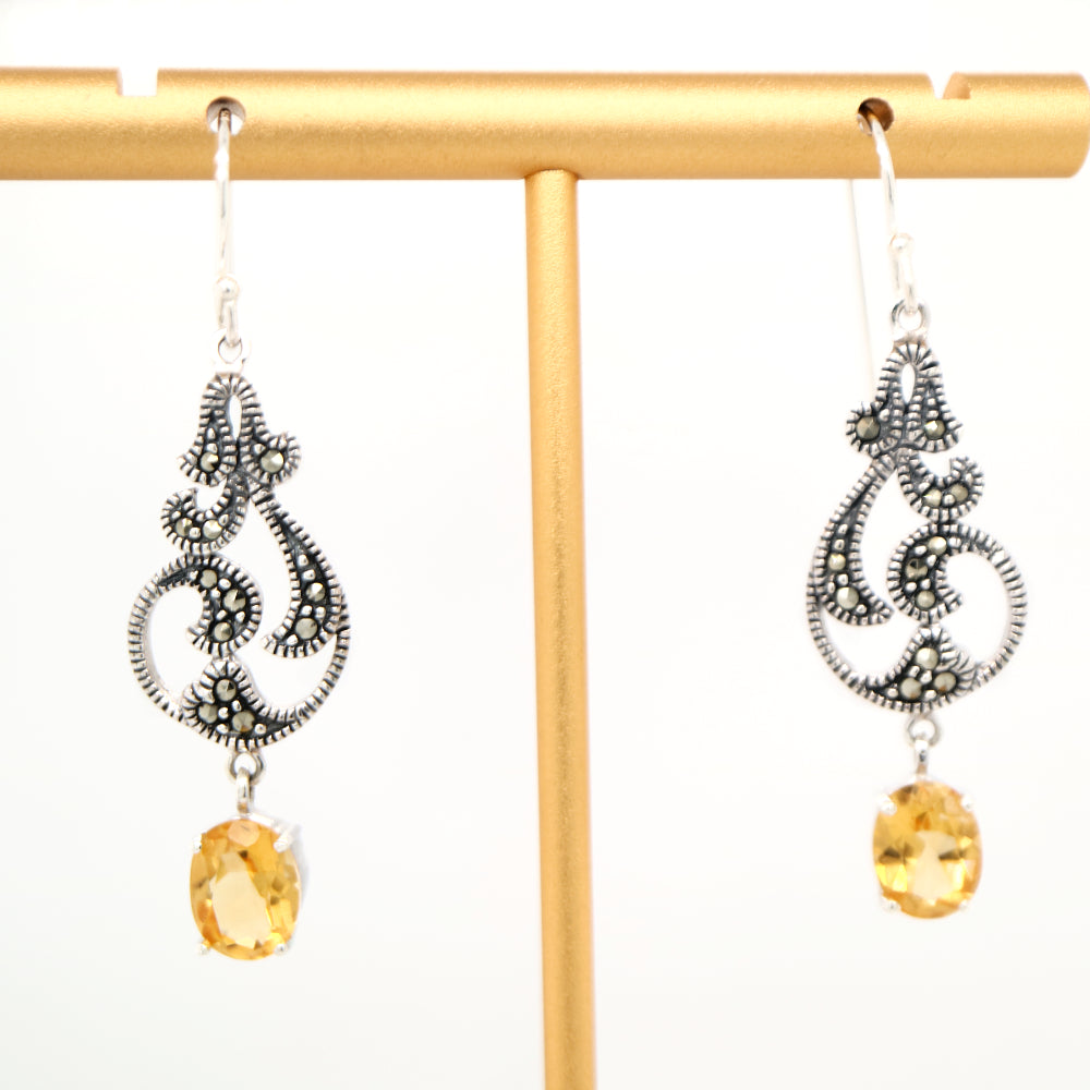 vintage vine drop earrings with citrine and marcasite in sterling silver