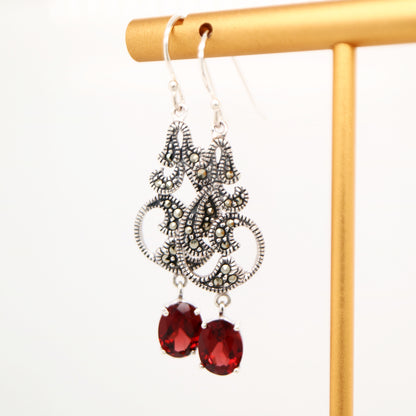 vintage vine drop earrings with Garnet and marcasite in sterling silver
