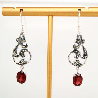 vintage vine drop earrings with Garnet and marcasite in sterling silver