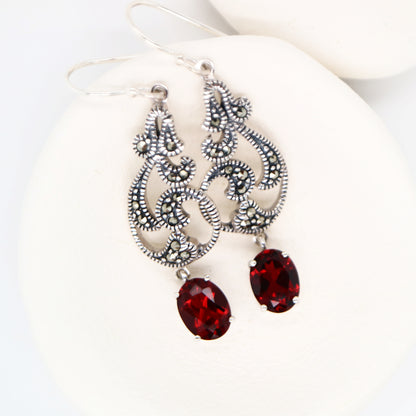 vintage vine drop earrings with Garnet and marcasite in sterling silver