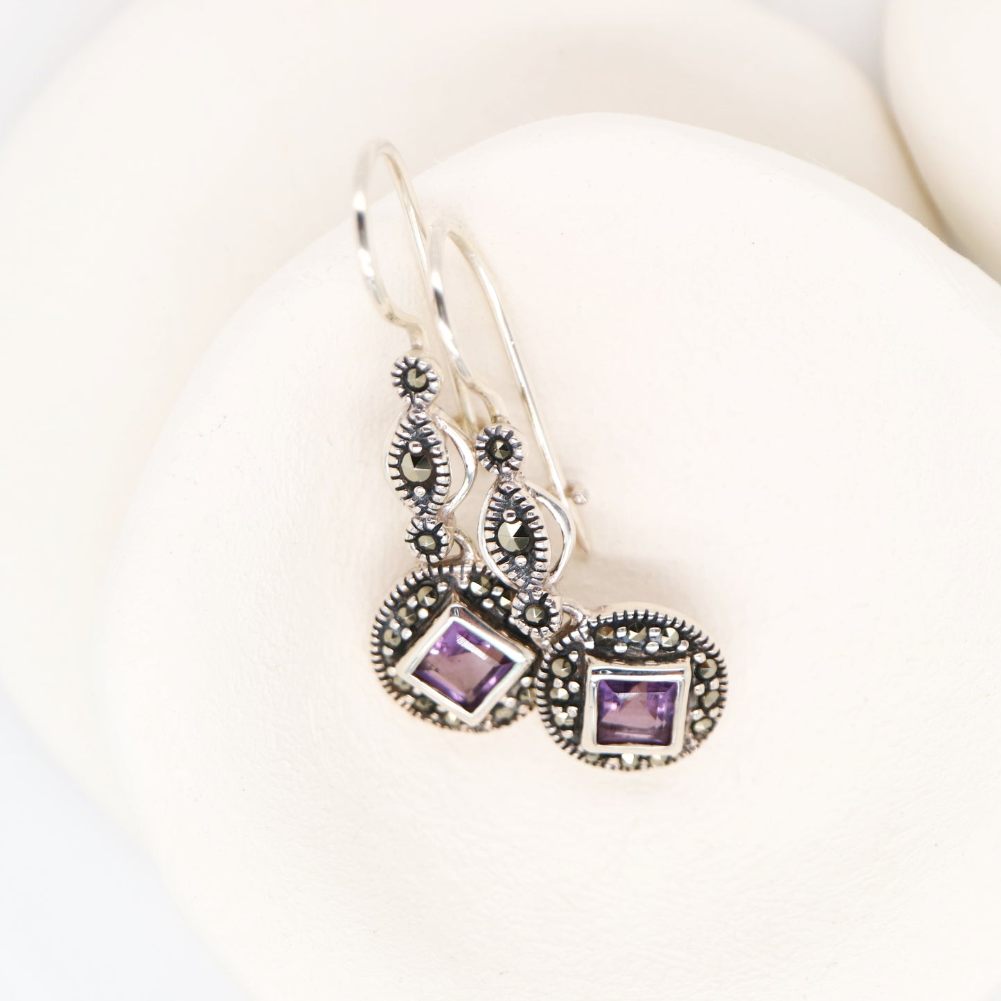 Art deco princess cut amethyst drop earrings with marcasite in sterling silver