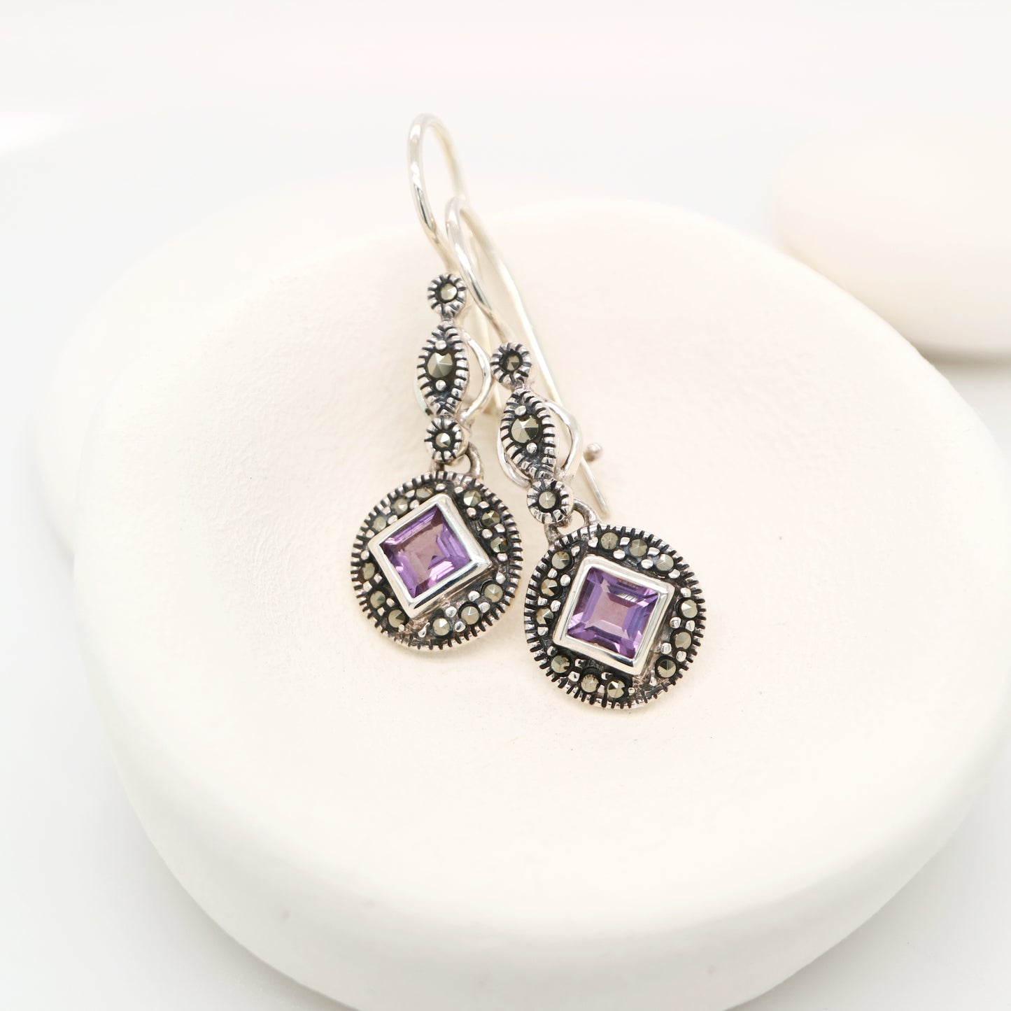 Art deco princess cut amethyst drop earrings with marcasite in sterling silver