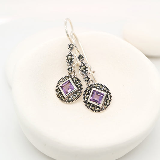 Art deco princess cut amethyst drop earrings with marcasite in sterling silver