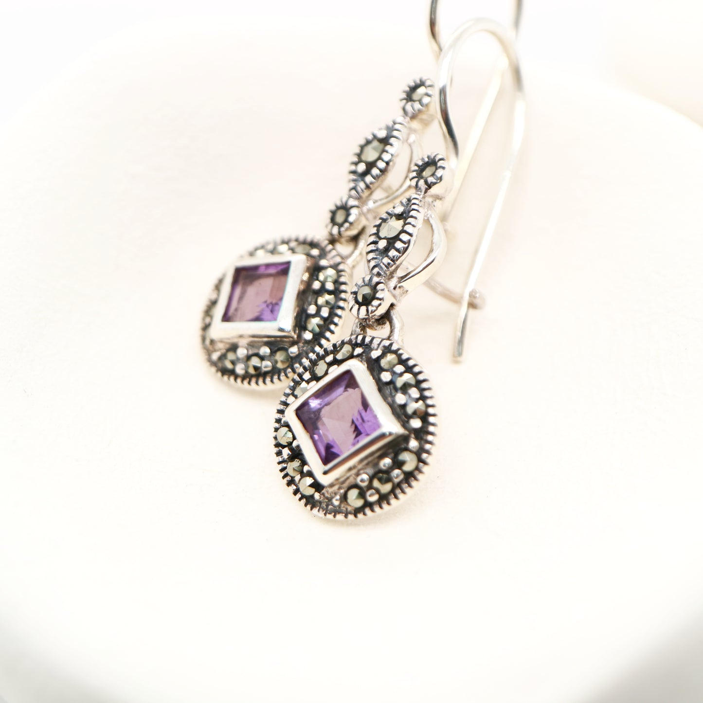 Art deco princess cut amethyst drop earrings with marcasite in sterling silver