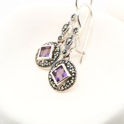 Art deco princess cut amethyst drop earrings with marcasite in sterling silver