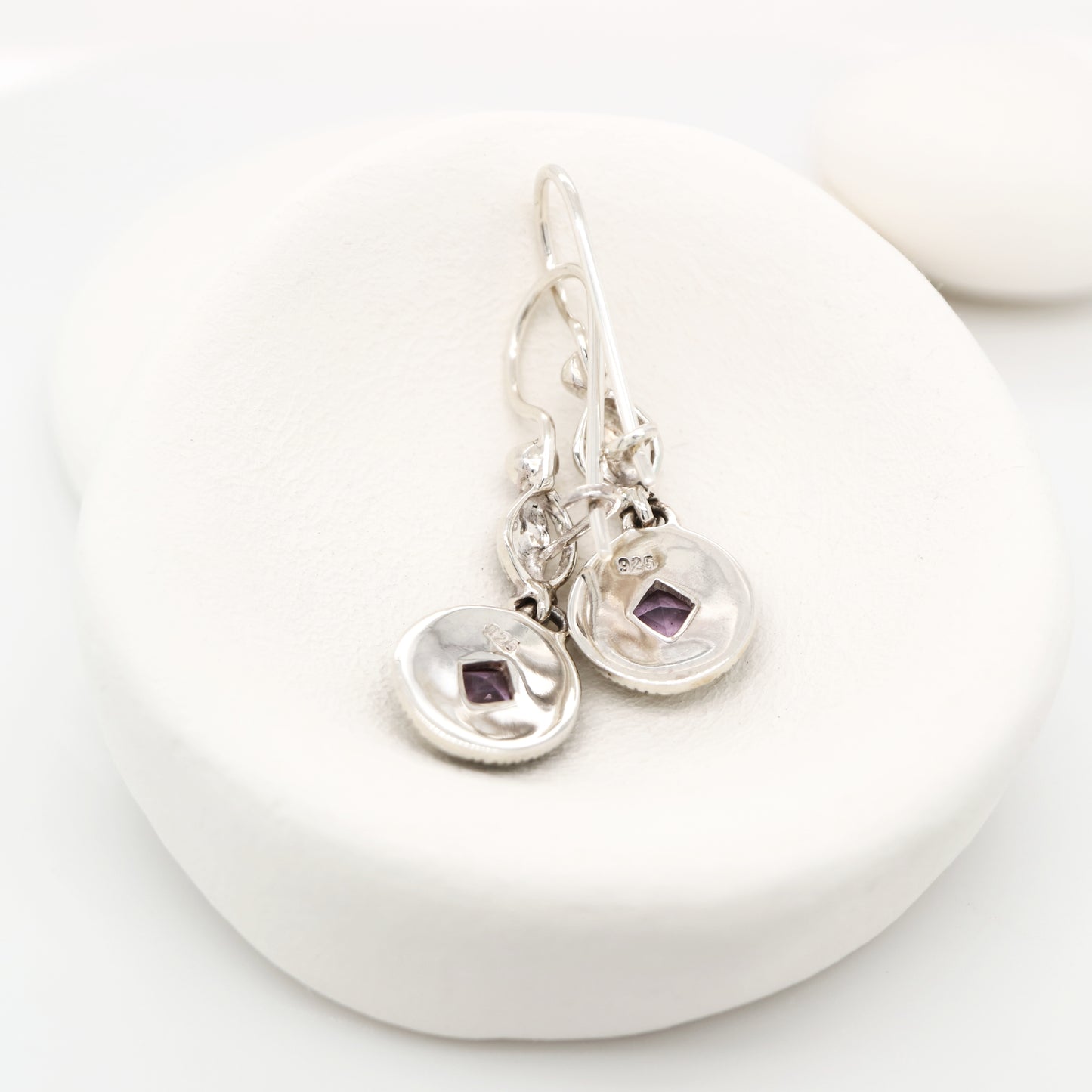 Art deco princess cut amethyst drop earrings with marcasite in sterling silver