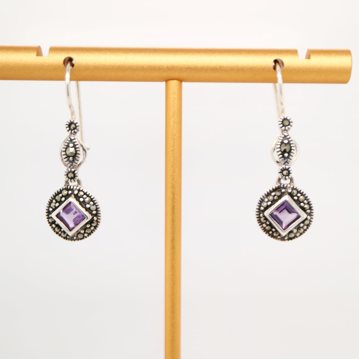 Art deco princess cut amethyst drop earrings with marcasite in sterling silver