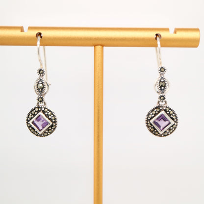 Art deco princess cut amethyst drop earrings with marcasite in sterling silver