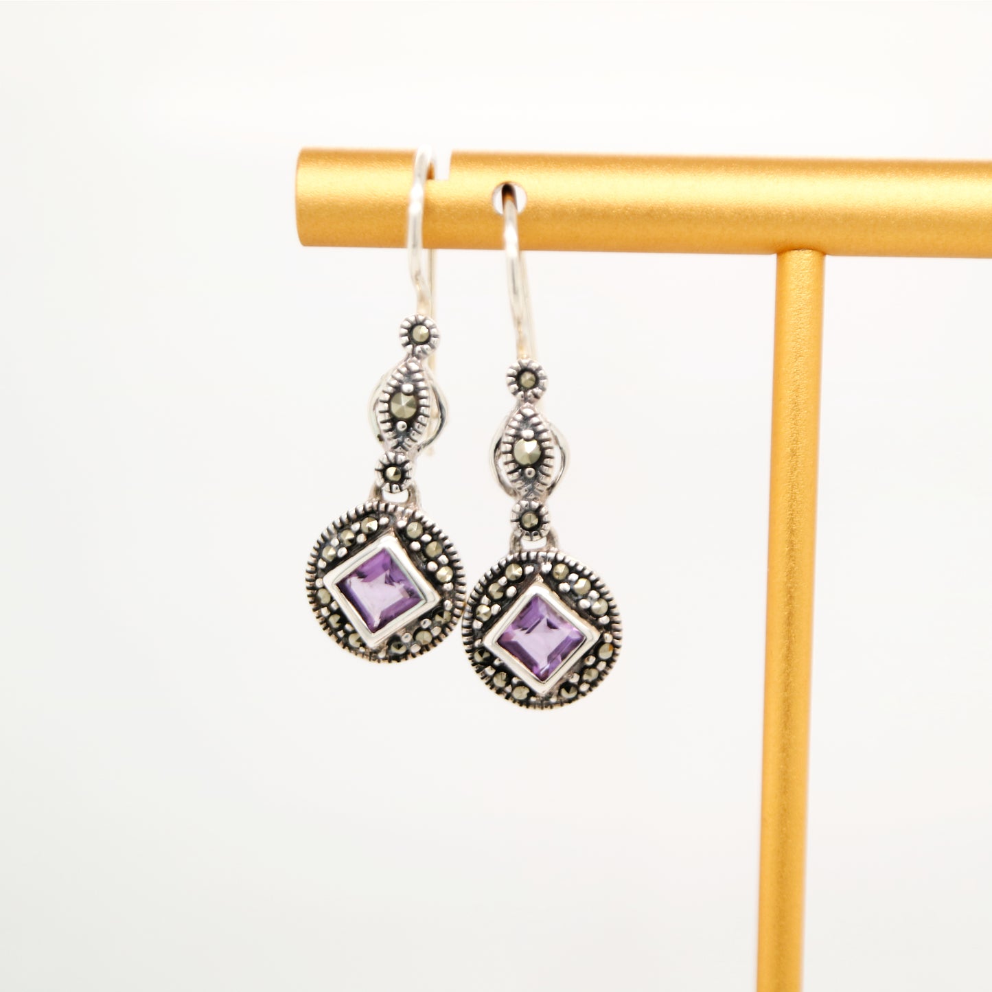 Art deco princess cut amethyst drop earrings with marcasite in sterling silver